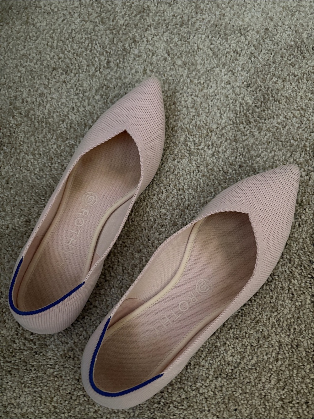 Rothy's Pointed Knit Flats in Blush Pink with Navy Trim